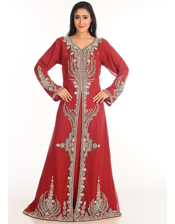 Arabic Maroon Georgette Hand Zari Embroidery Kaftan